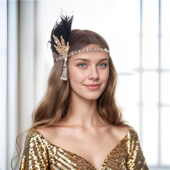 Flapper Feather Headband Roaring 20s Black Gold - Picture 3 of 8